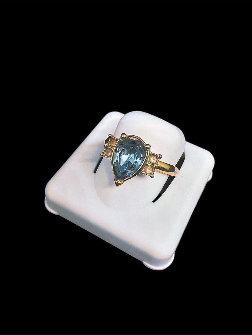 Gold Tone Blue Teardrop Ring – Size  8¾